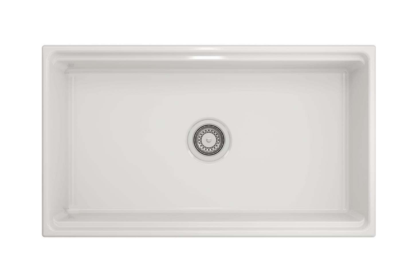 Top-down perspective of white Bocchi Contempo 33 inch fireclay sink with workstation ledge, showing center drain placement.