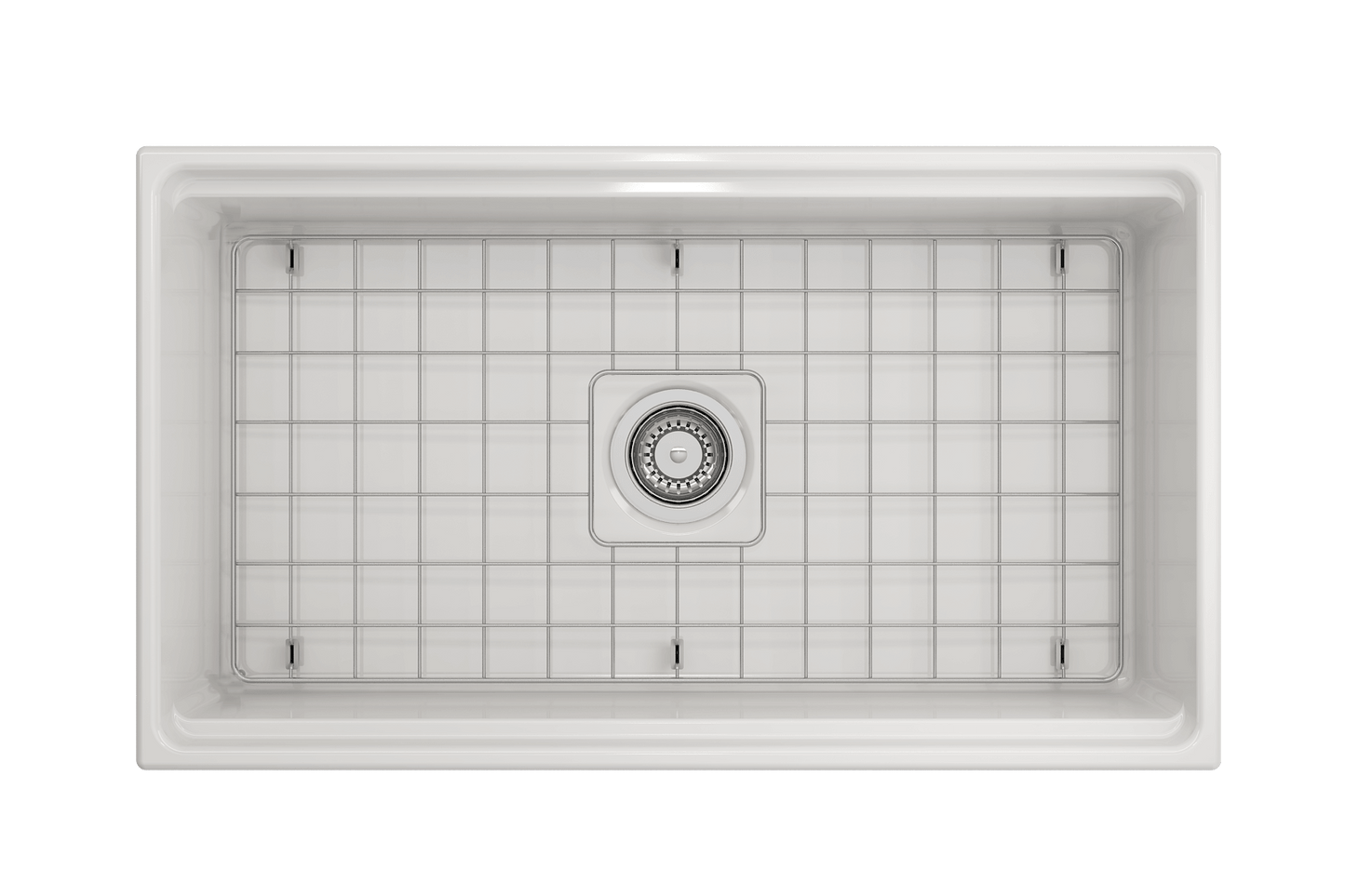 Top-down perspective of white BOCCHI Contempo 33 inch fireclay sink with workstation ledge and stainless steel bottom grid.