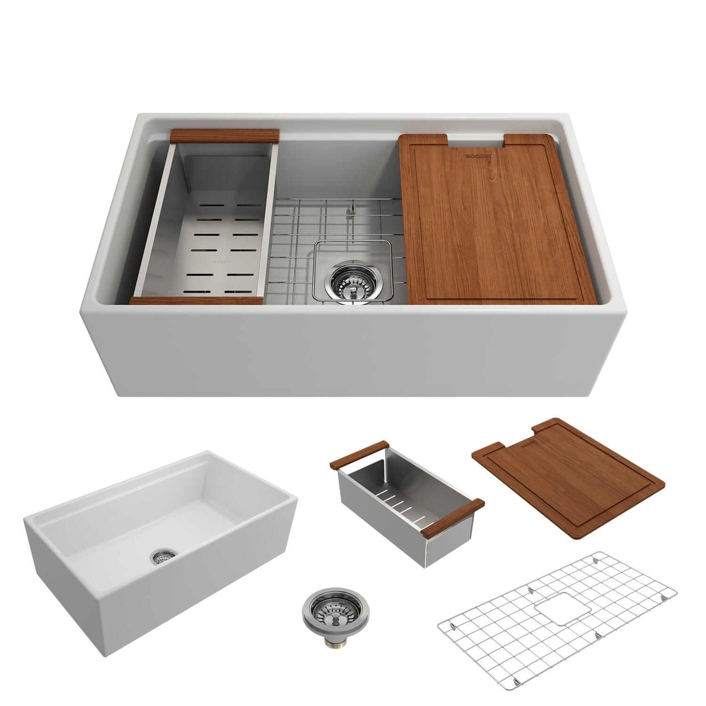 BOCCHI Contempo 33" matte white fireclay farmhouse sink with workstation ledge and accessories on a white background