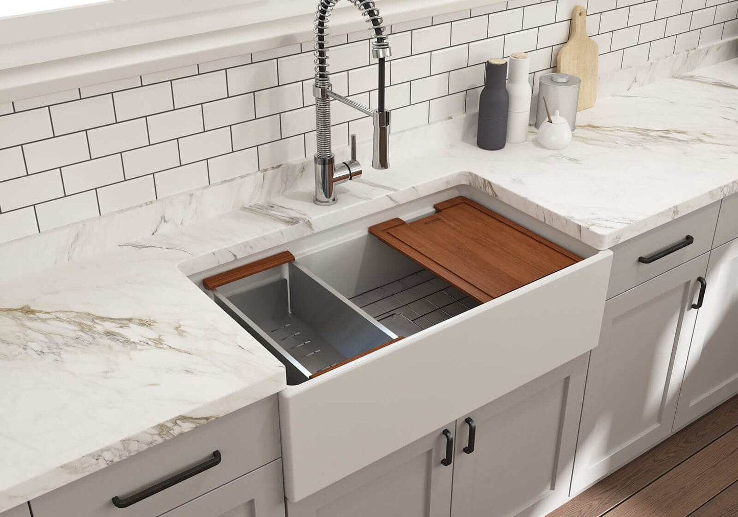 Lifestyle image of matte white BOCCHI Contempo 33" sink in a modern kitchen with colander and cutting board in use.