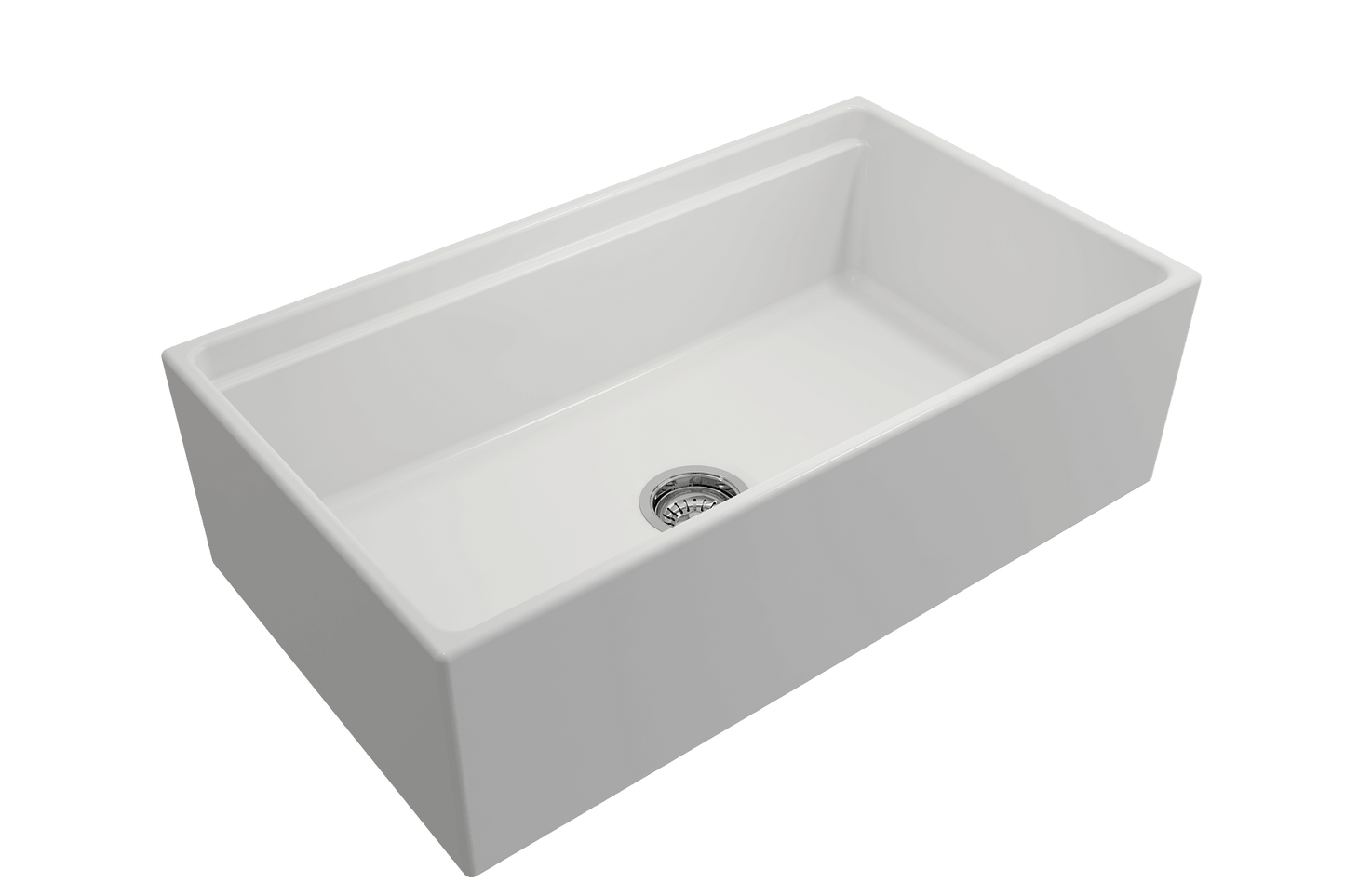 Side angle of matte white BOCCHI CONTEMPO 33" Fireclay Farmhouse sink highlighting center drain and chrome strainer