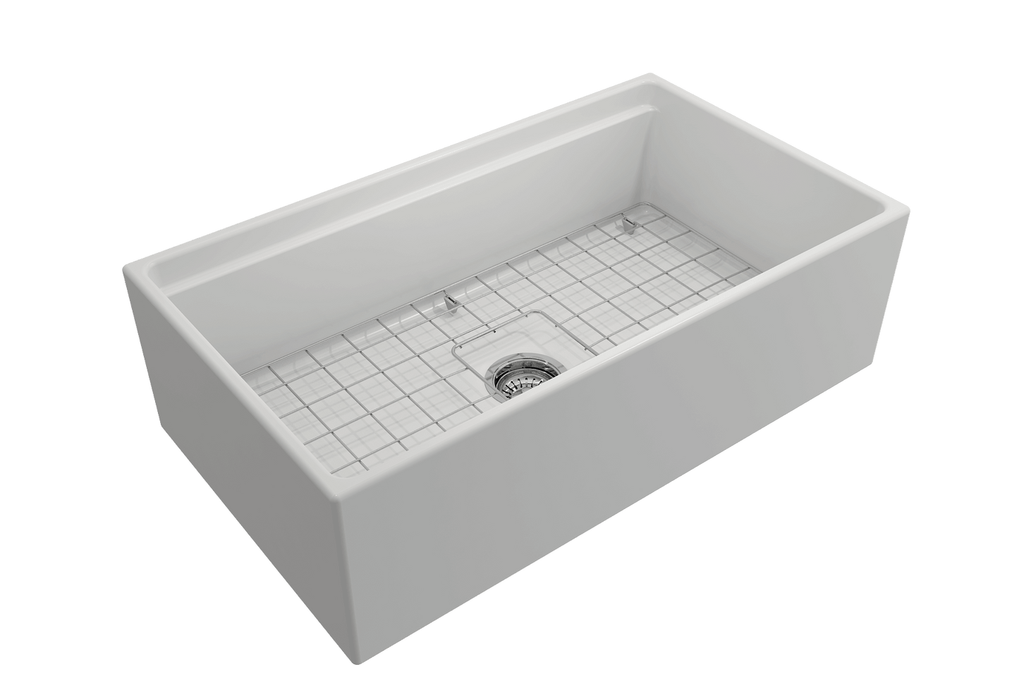 Side angle of matte white BOCCHI CONTEMPO 33" Fireclay Farmhouse sink highlighting center drain, chrome strainer and stainless steel bottom grid
