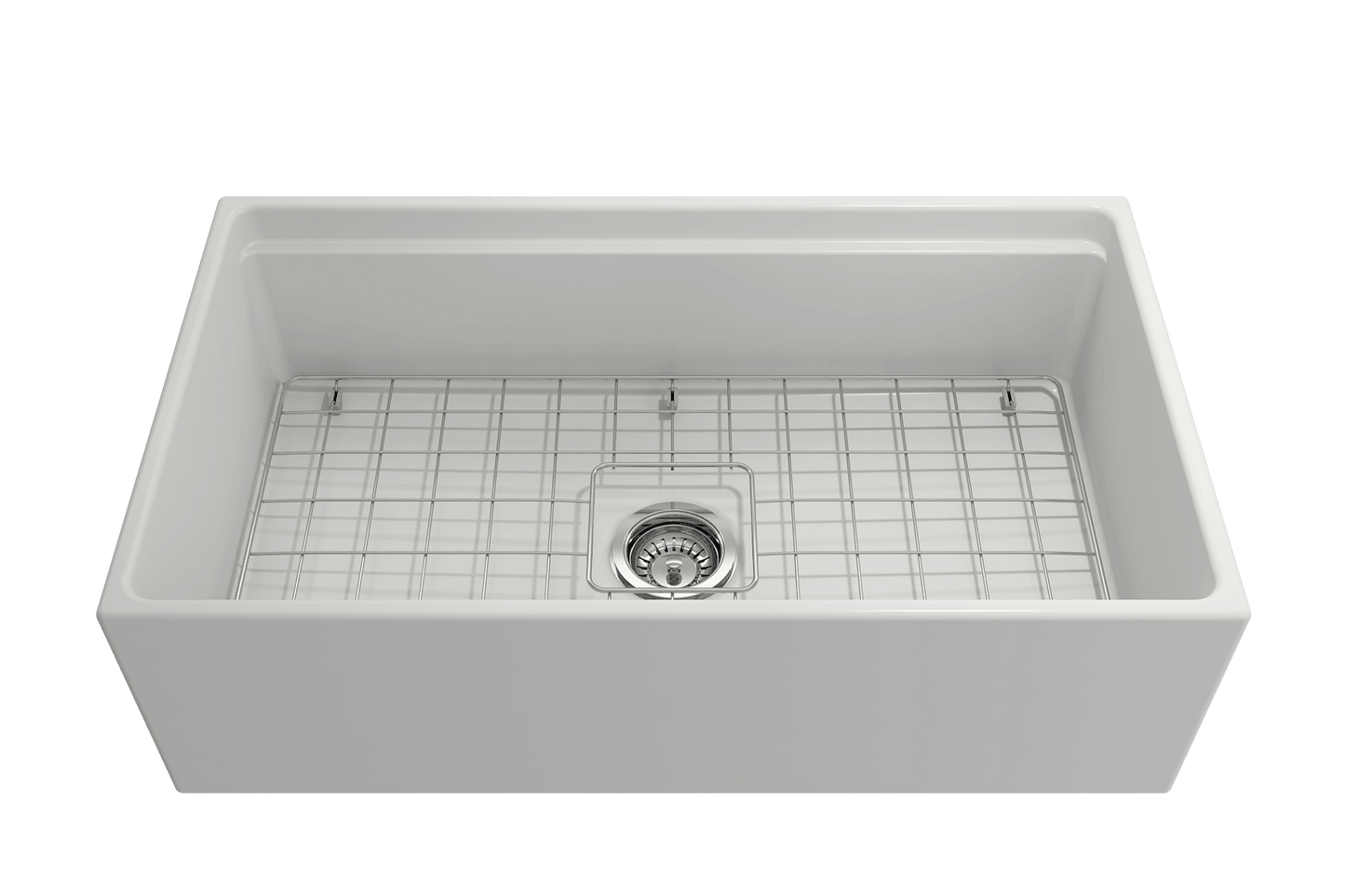 Front view of matte white BOCCHI CONTEMPO 33" Fireclay farmhouse sink showing chrome strainer and stainless steel bottom grid