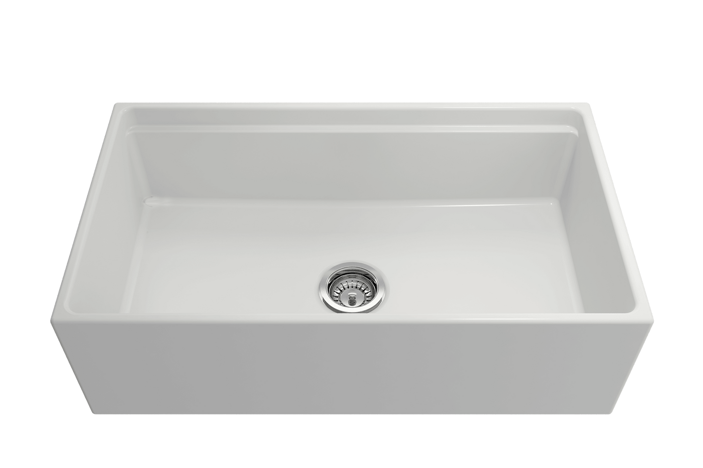 Front view of matte white BOCCHI CONTEMPO 33" Fireclay farmhouse sink showing chrome strainer.