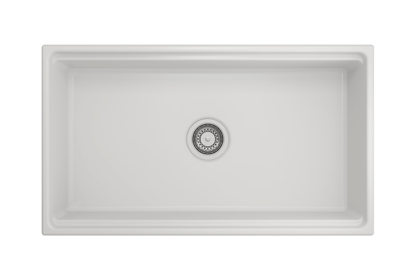 Top-down perspective of matte white Bocchi Contempo 33 inch fireclay sink with workstation ledge, showing center drain placement.