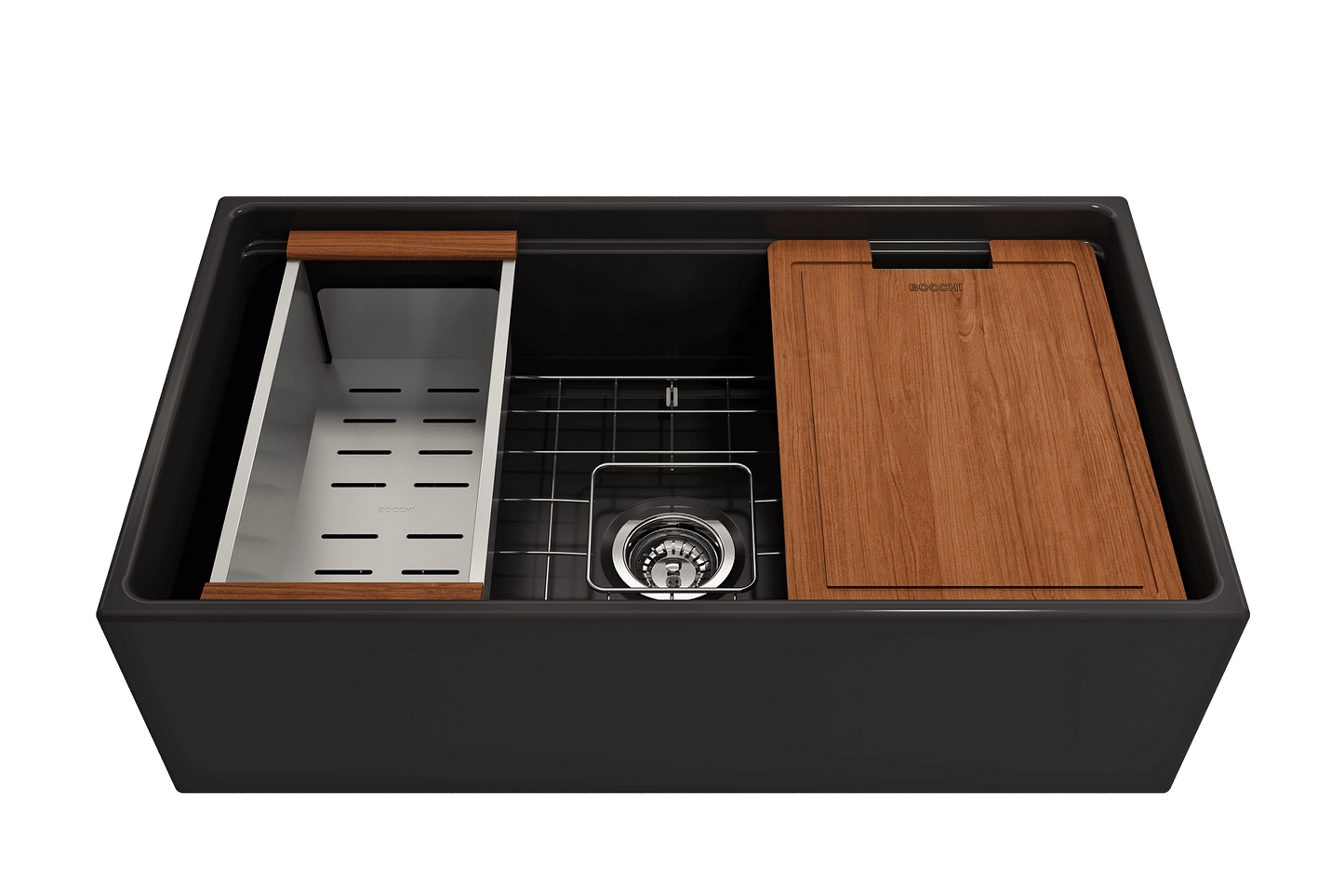 Front view of BOCCHI Contempo 33" matte black  fireclay sink with workstation ledge and accessories