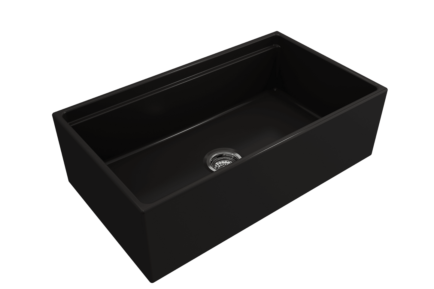 Side angle of matte black BOCCHI CONTEMPO 33" Fireclay Farmhouse sink highlighting center drain and chrome strainer