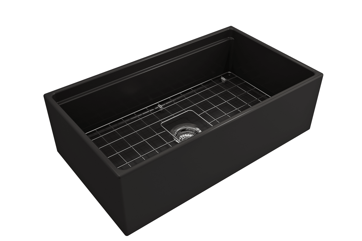 Side angle of matte black BOCCHI CONTEMPO 33" Fireclay Farmhouse sink highlighting center drain, chrome strainer and stainless steel bottom grid