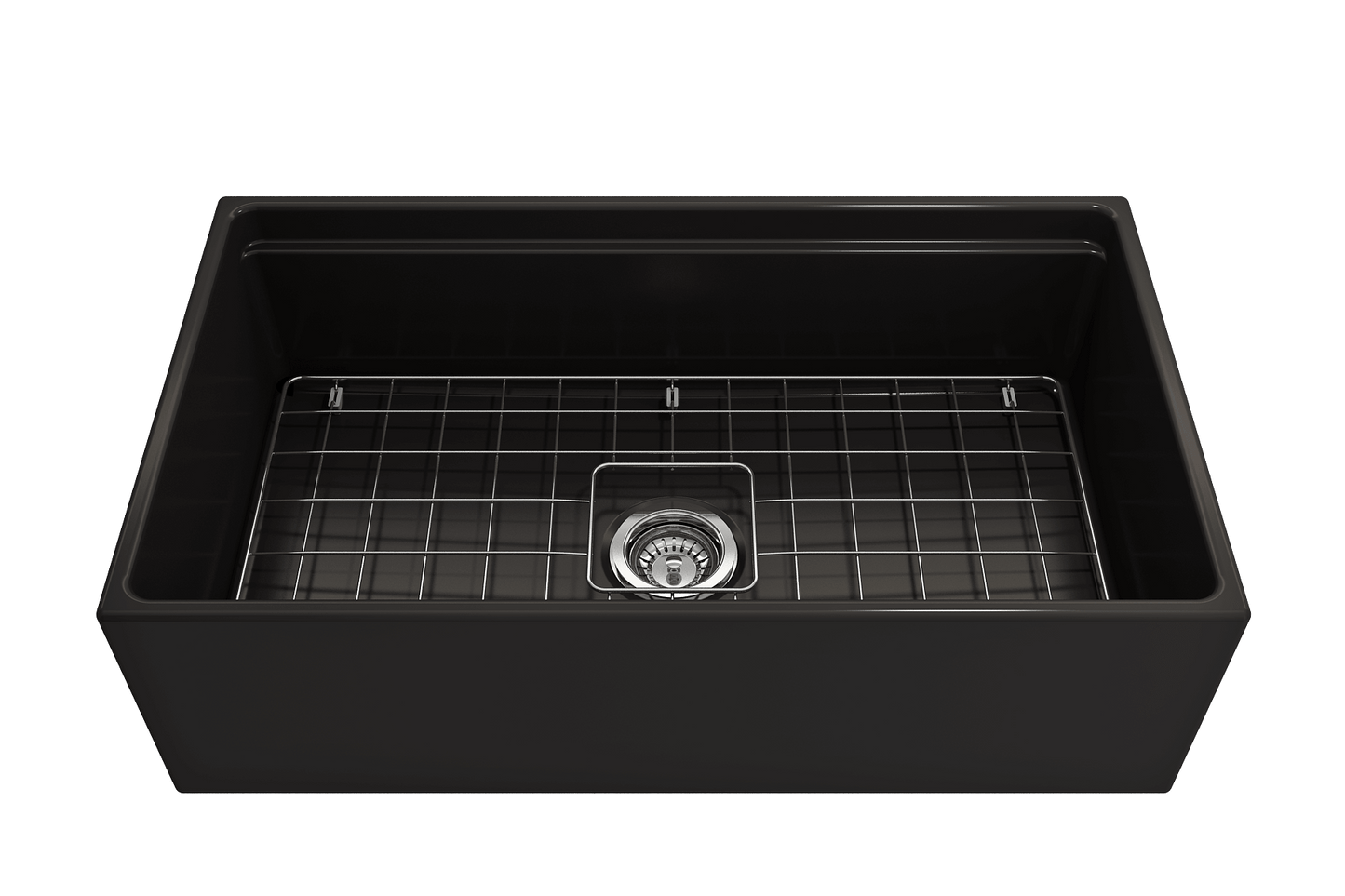 Front view of matte black BOCCHI CONTEMPO 33" Fireclay farmhouse sink showing chrome strainer and stainless steel bottom grid