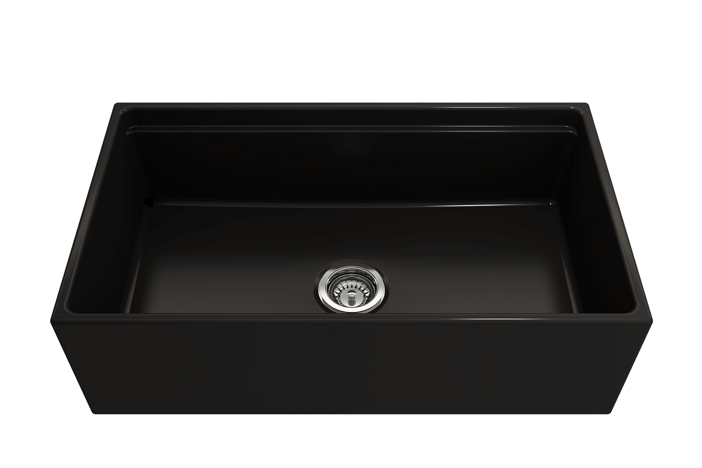 Front view of matte black  BOCCHI CONTEMPO 33" Fireclay farmhouse sink showing chrome strainer.