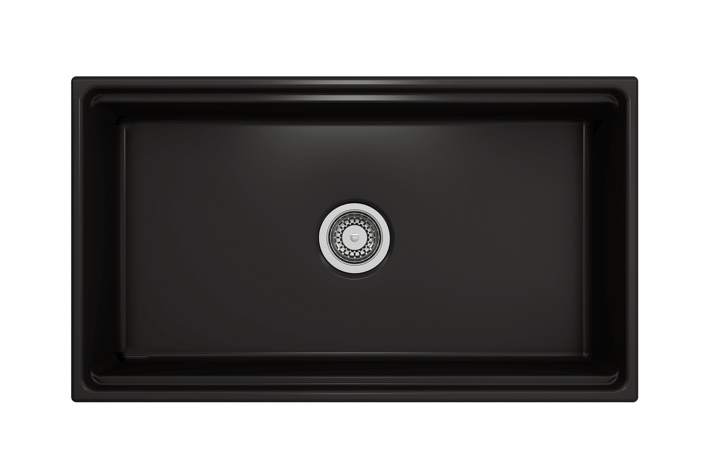 Top-down perspective of matte black Bocchi Contempo 33 inch fireclay sink with workstation ledge, showing center drain placement.
