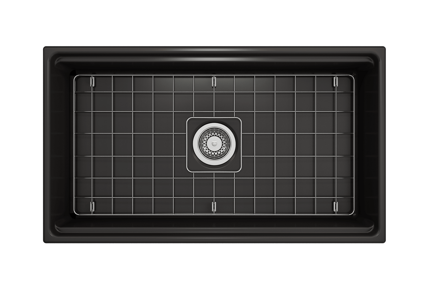 Top-down perspective of matte black BOCCHI Contempo 33 inch fireclay sink with workstation ledge and stainless steel bottom grid.