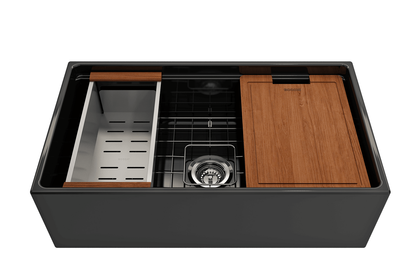 Front view of BOCCHI Contempo 33" black fireclay sink with workstation ledge and accessories