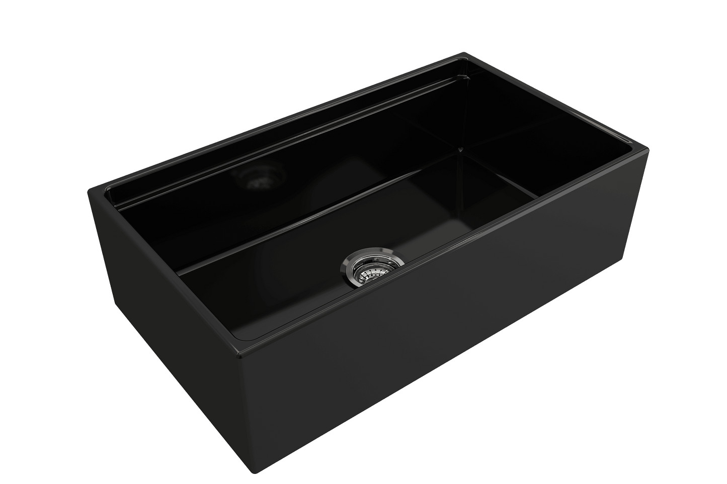 Side angle of black BOCCHI CONTEMPO 33" Fireclay Farmhouse sink highlighting center drain and chrome strainer