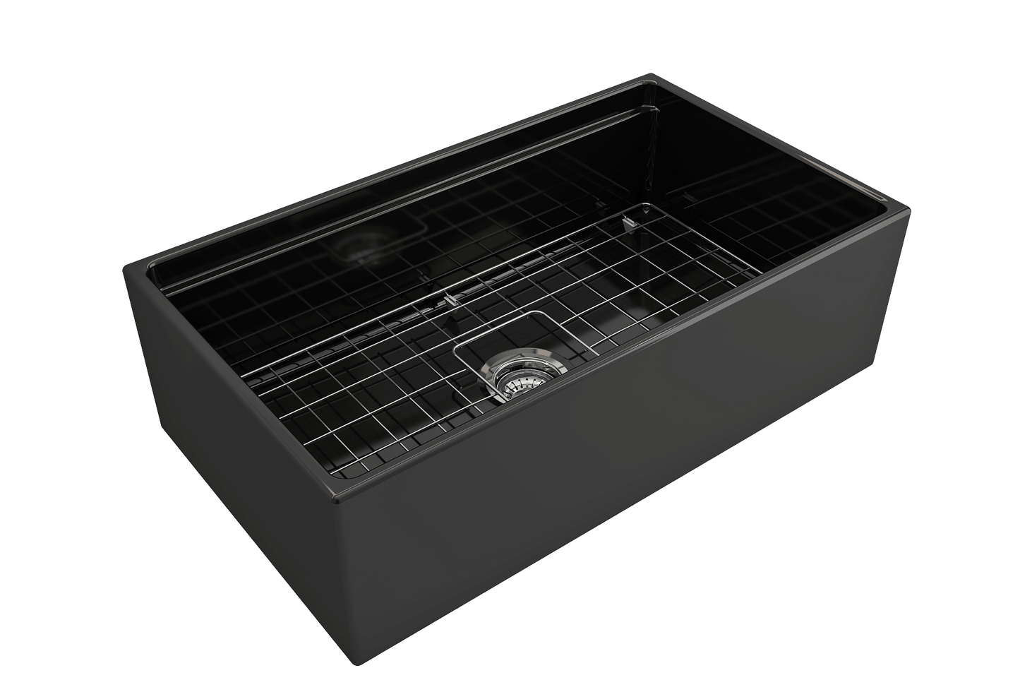 Side angle of black BOCCHI CONTEMPO 33" Fireclay Farmhouse sink highlighting center drain, chrome strainer and stainless steel bottom grid