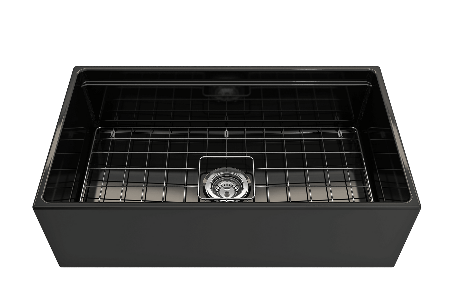 Front view of black BOCCHI CONTEMPO 33" Fireclay farmhouse sink showing chrome strainer and stainless steel bottom grid