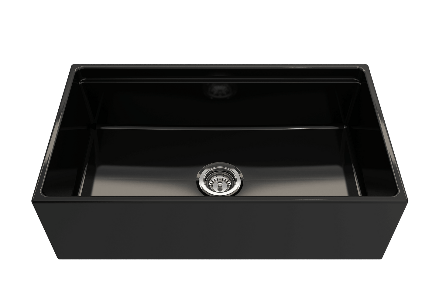 Front view of black BOCCHI CONTEMPO 33" Fireclay farmhouse sink showing chrome strainer.