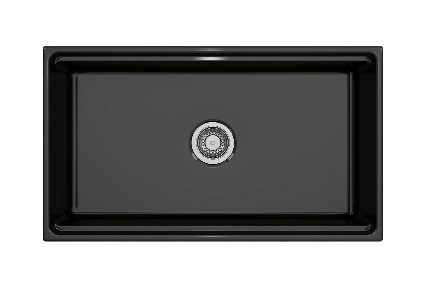 Top-down perspective of black BOCCHI Contempo 33 inch fireclay sink with workstation ledge, showing center drain placement.