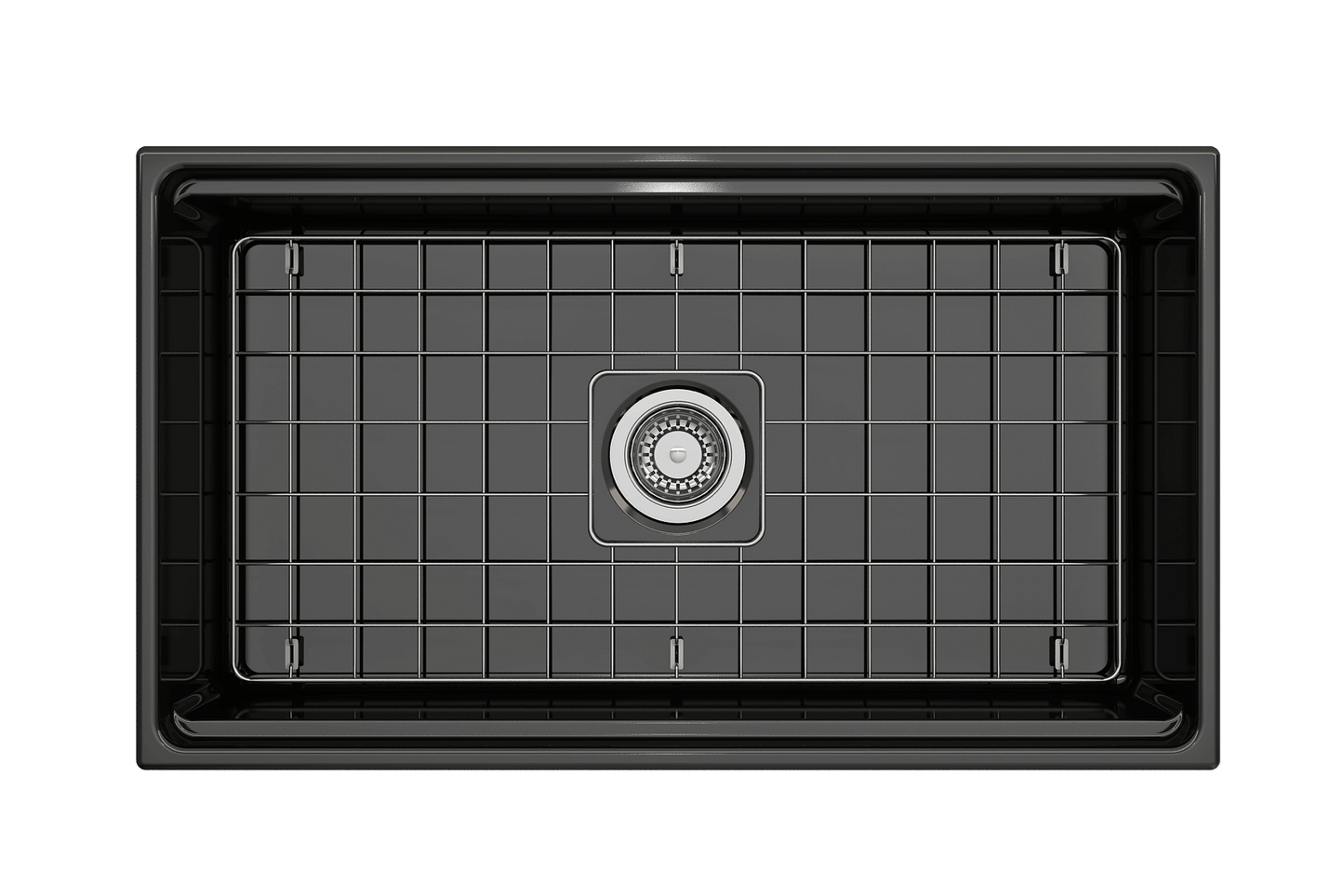 Top-down perspective of black BOCCHI Contempo 33 inch fireclay sink with workstation ledge and stainless steel bottom grid.