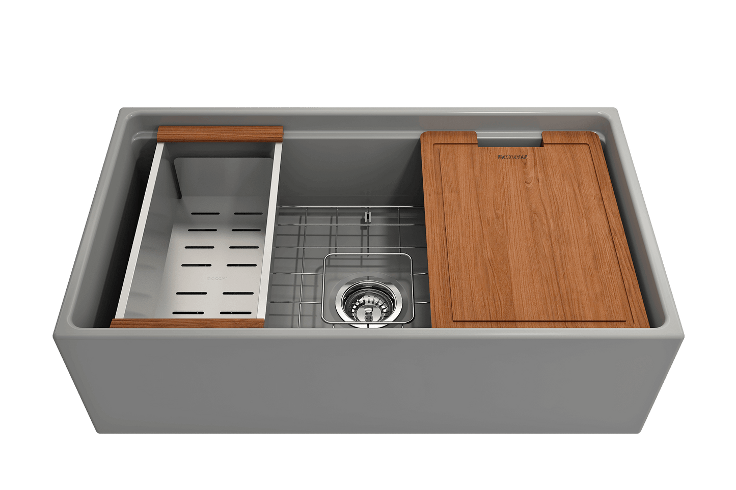 Front view of BOCCHI Contempo 33" matte gray fireclay sink with workstation ledge and accessories