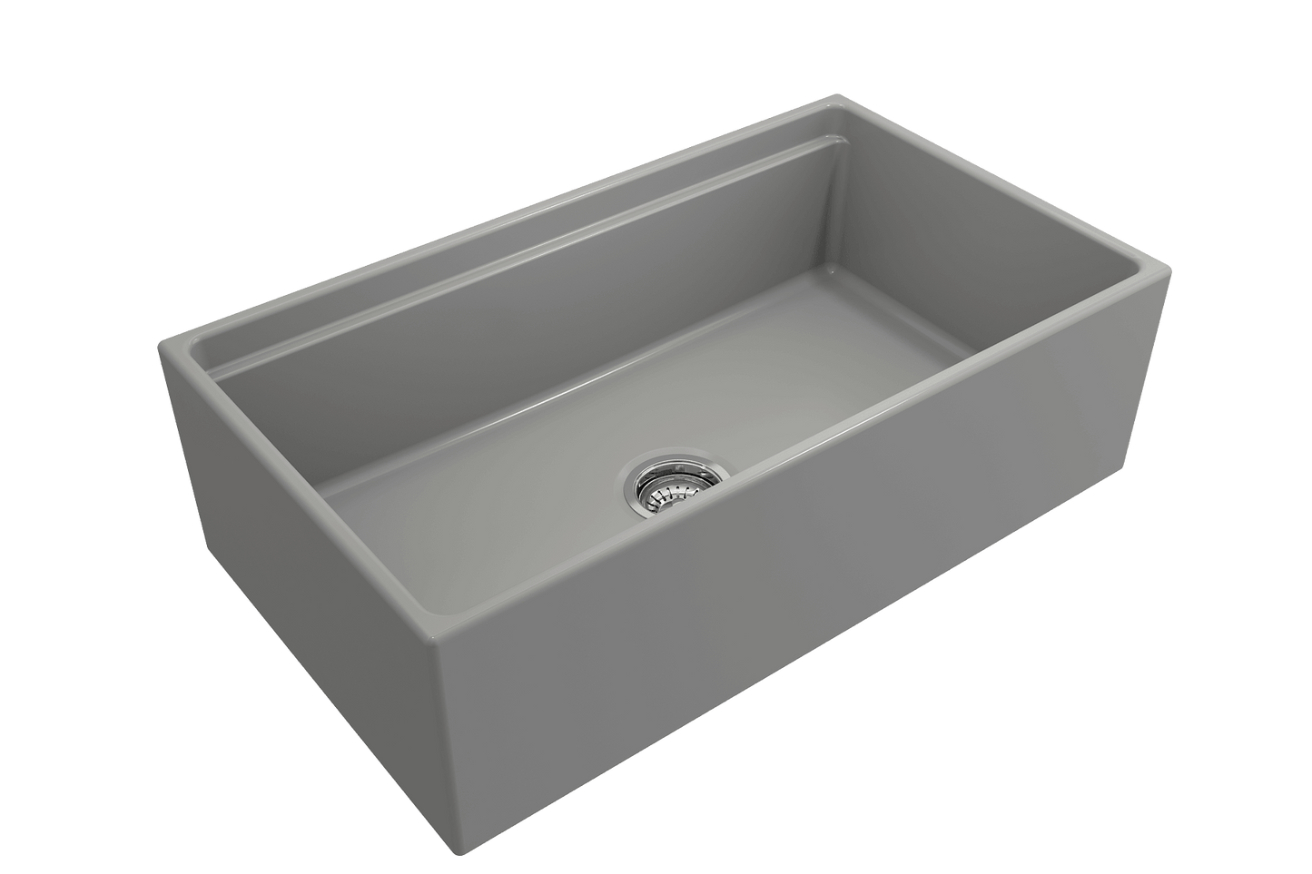 Side angle of matte gray BOCCHI CONTEMPO 33" Fireclay Farmhouse sink highlighting center drain and chrome strainer