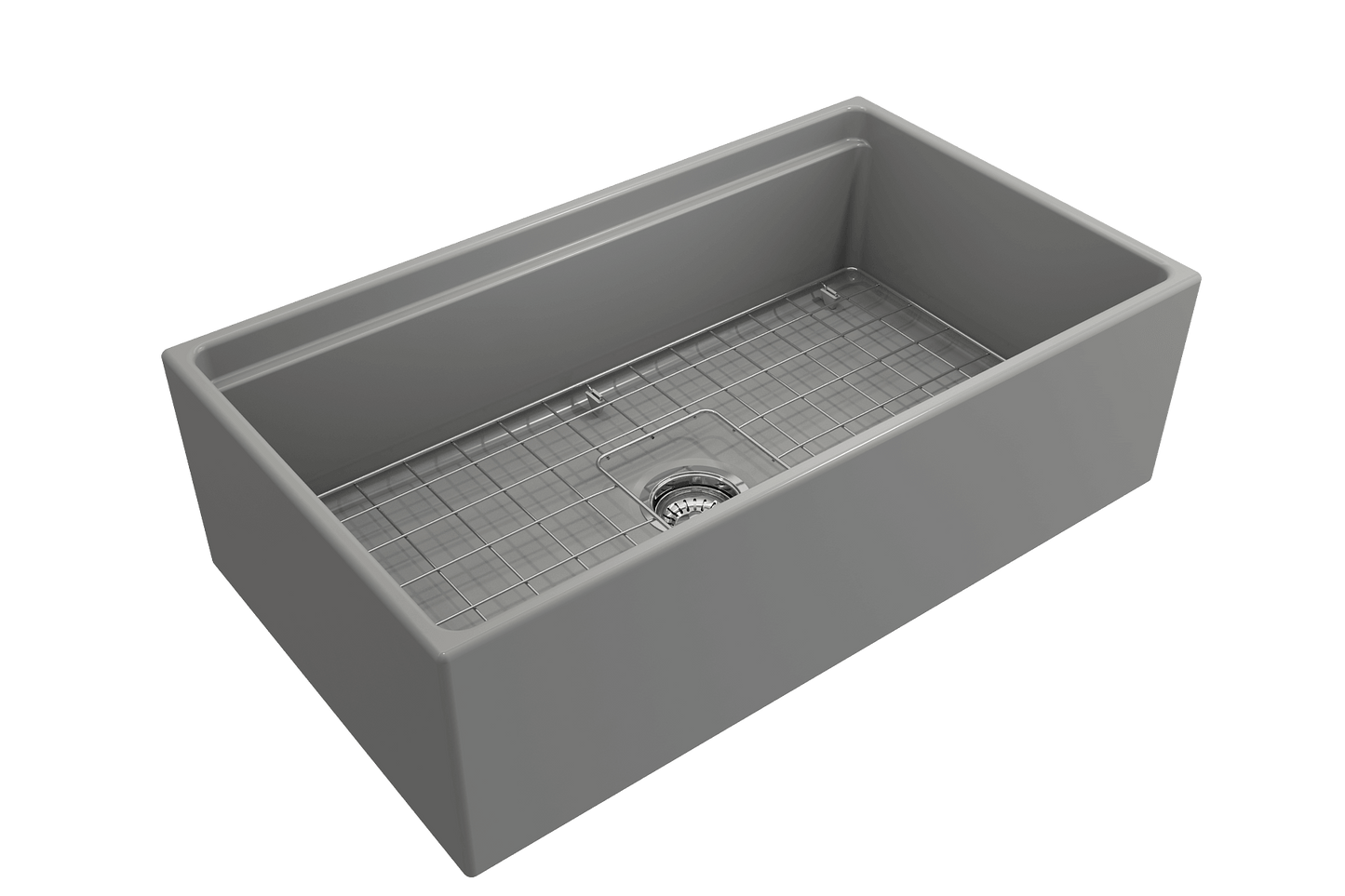 Side angle of matte gray BOCCHI CONTEMPO 33" Fireclay Farmhouse sink highlighting center drain, chrome strainer and stainless steel bottom grid