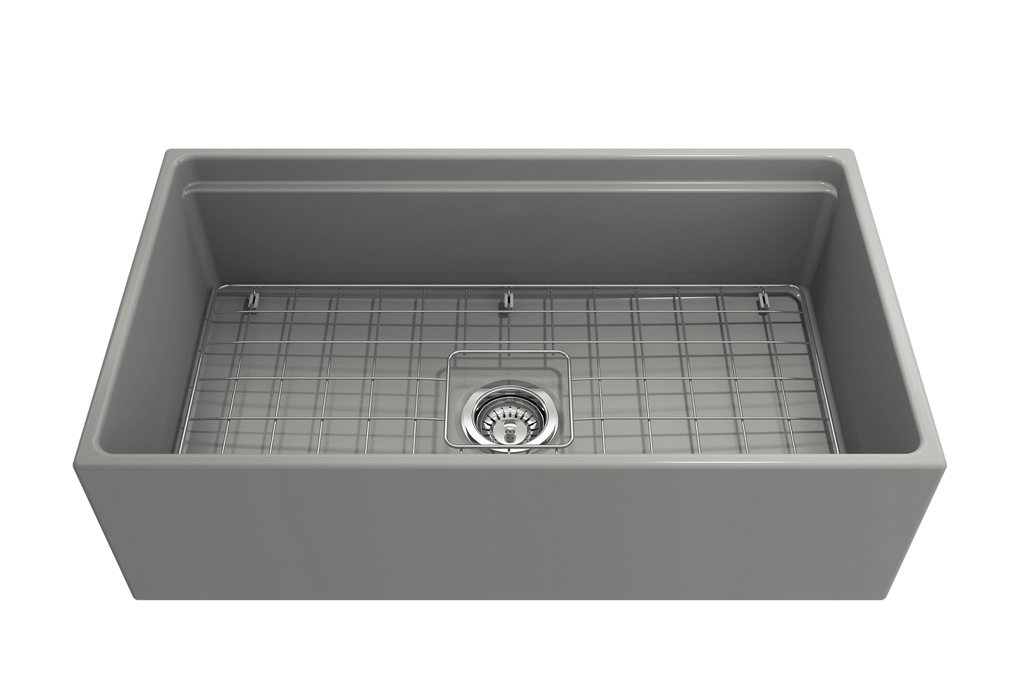 Front view of matte gray BOCCHI CONTEMPO 33" Fireclay farmhouse sink showing chrome strainer and stainless steel bottom grid