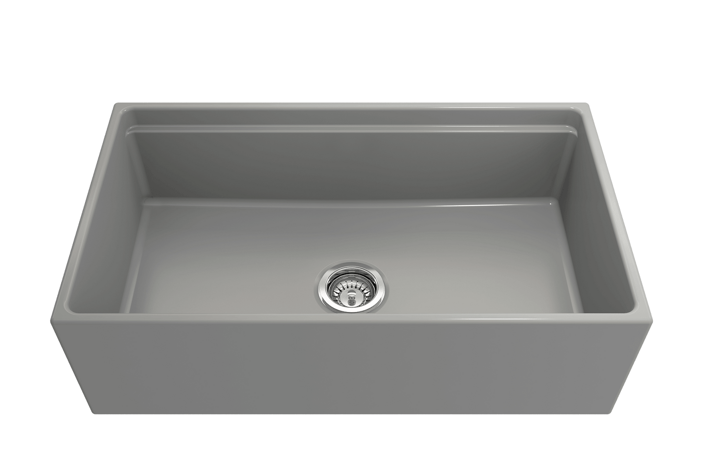 Front view of matte gray  BOCCHI CONTEMPO 33" Fireclay farmhouse sink showing chrome strainer.