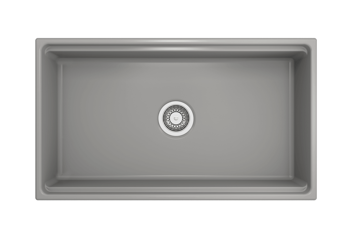 Top-down perspective of matte gray BOCCHI Contempo 33 inch fireclay sink with workstation ledge, showing center drain placement.