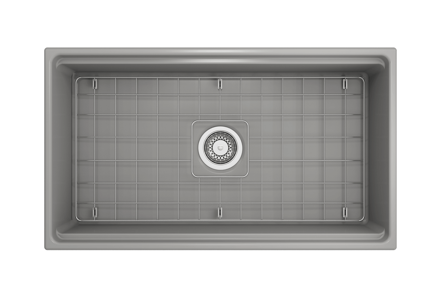 Top-down perspective of matte gray BOCCHI Contempo 33 inch fireclay sink with workstation ledge and stainless steel bottom grid.