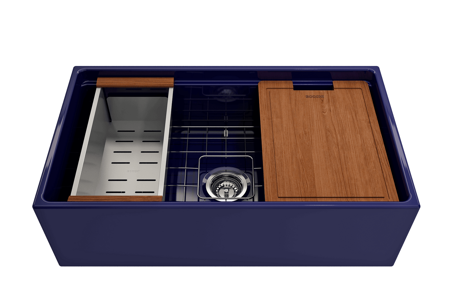 Front view of BOCCHI Contempo 33" sapphire blue fireclay sink with workstation ledge and accessories