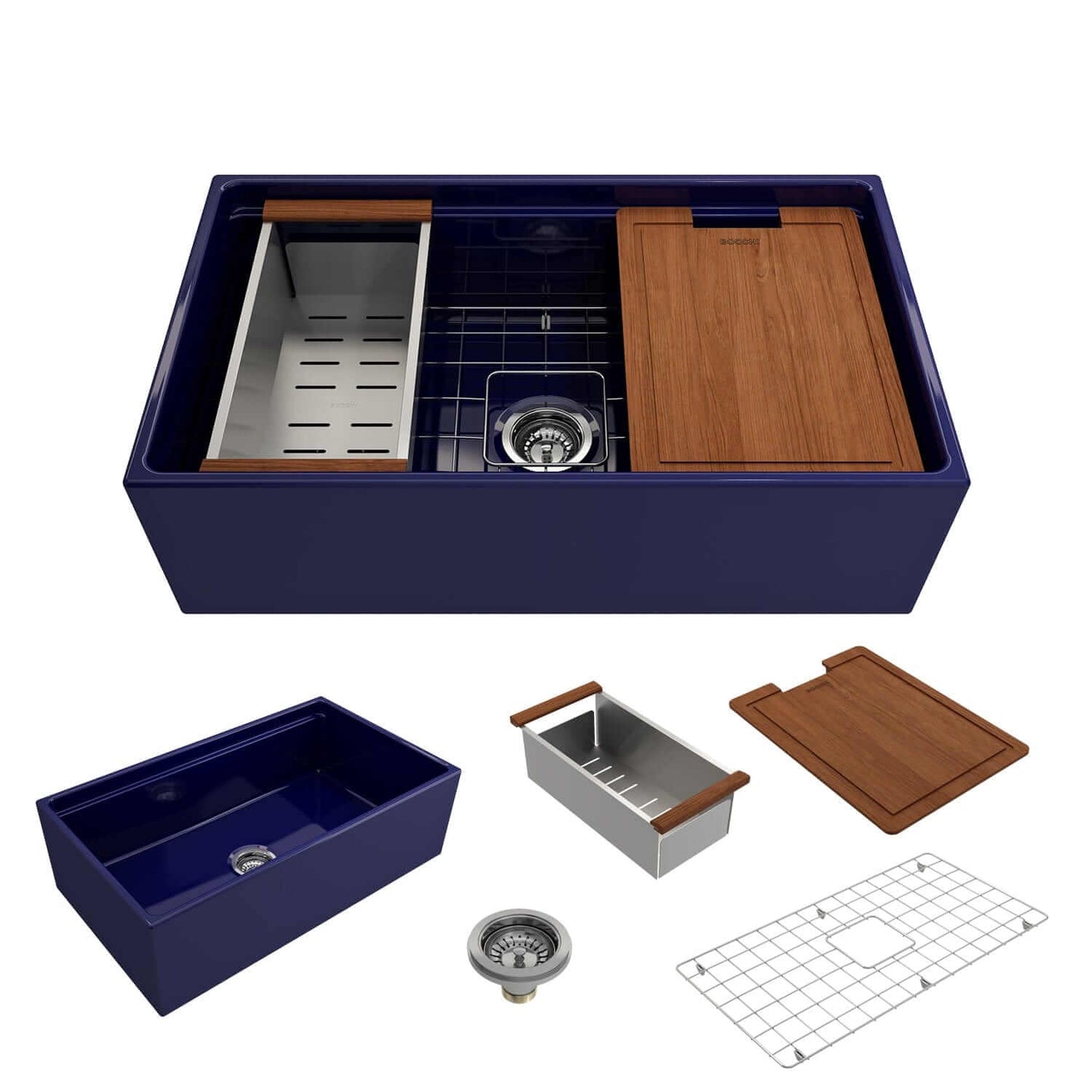 BOCCHI Contempo 33" sapphire blue fireclay farmhouse sink with workstation ledge and accessories on a white background