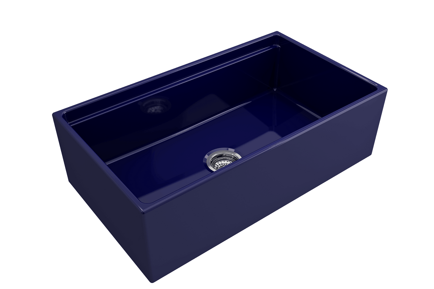Side angle of sapphire blue BOCCHI CONTEMPO 33" Fireclay Farmhouse sink highlighting center drain and chrome strainer