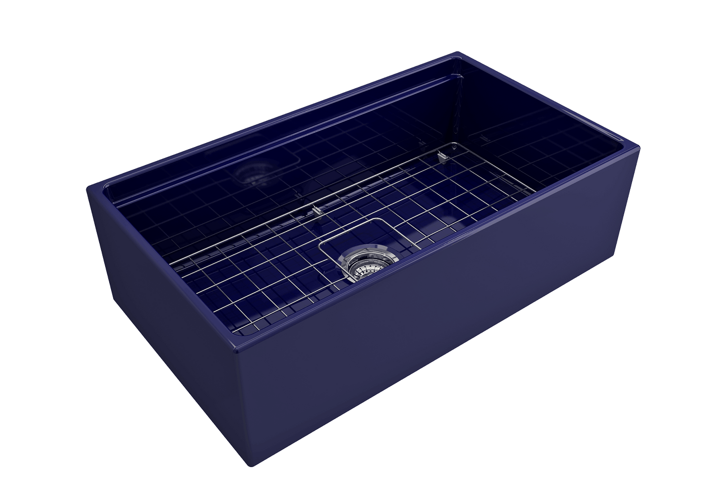 Side angle of sapphire blue BOCCHI CONTEMPO 33" Fireclay Farmhouse sink highlighting center drain, chrome strainer and stainless steel bottom grid