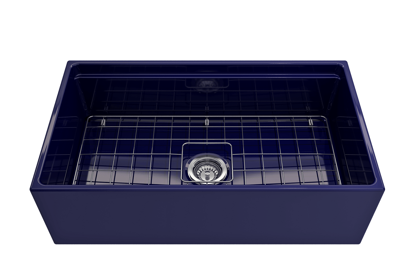 Front view of sapphire blue BOCCHI CONTEMPO 33" Fireclay farmhouse sink showing chrome strainer and stainless steel bottom grid