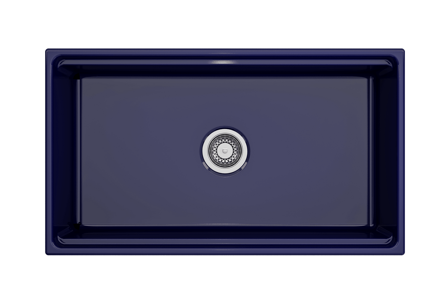 Top-down perspective of sapphire blue BOCCHI Contempo 33 inch fireclay sink with workstation ledge, showing center drain placement.