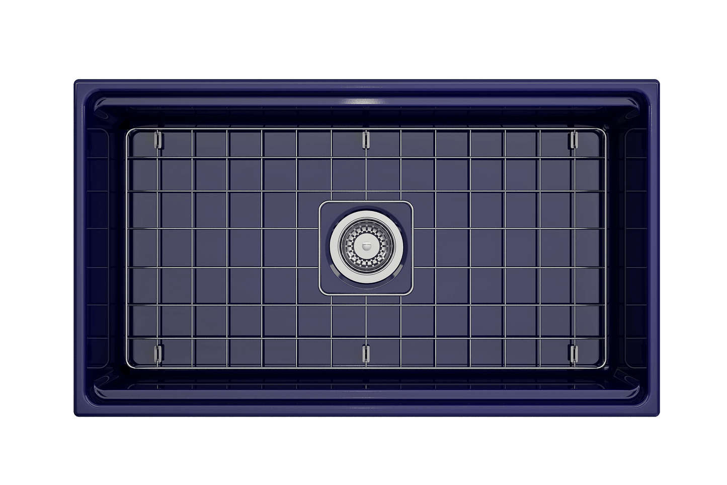 Top-down perspective of sapphire blue BOCCHI Contempo 33 inch fireclay sink with workstation ledge and stainless steel bottom grid.