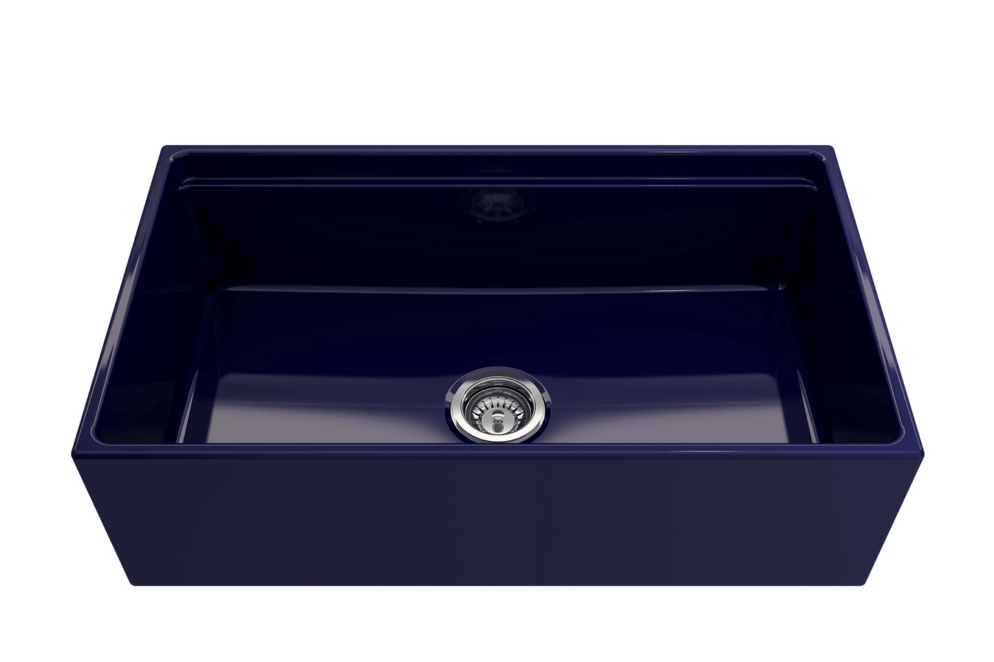 Front view of sapphire blue BOCCHI CONTEMPO 33" Fireclay farmhouse sink showing chrome strainer.