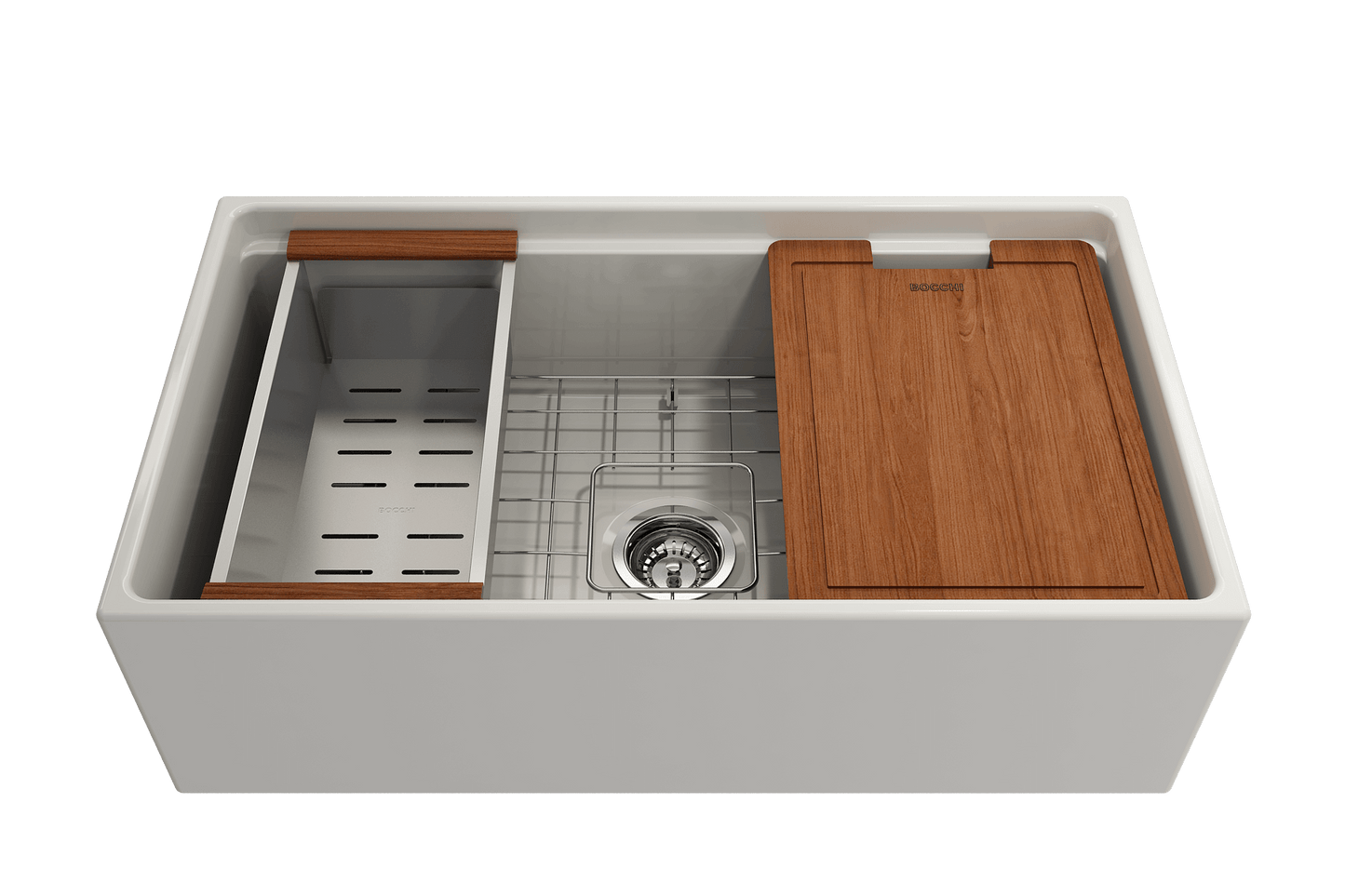 Front view of BOCCHI Contempo 33" Biscuit fireclay sink with workstation ledge and accessories