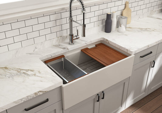 BOCCHI CONTEMPO 33" Step Rim With Integrated Work Station Fireclay Farmhouse Single Bowl Kitchen Sink with Accessories - Biscuit