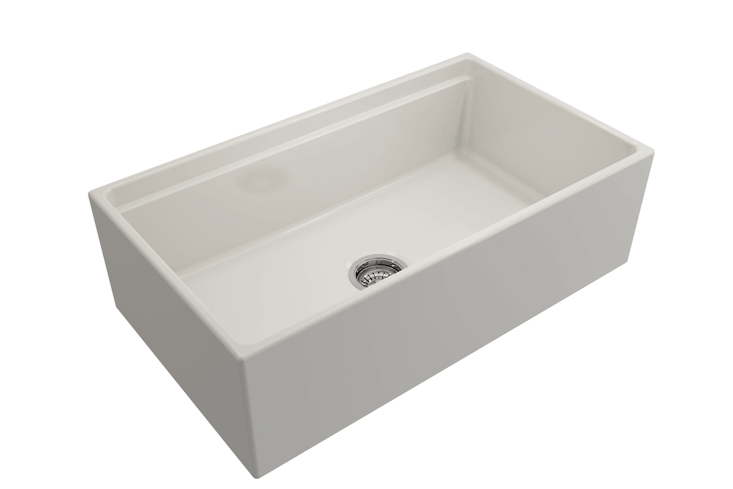 Side angle of Biscuit BOCCHI CONTEMPO 33" Fireclay Farmhouse sink highlighting center drain and chrome strainer