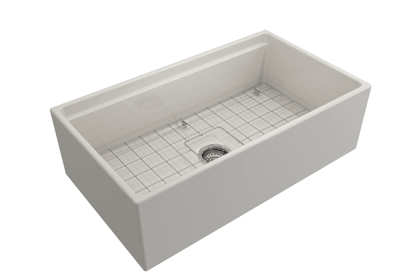 Side angle of Biscuit BOCCHI CONTEMPO 33" Fireclay Farmhouse sink highlighting center drain, chrome strainer and stainless steel bottom grid