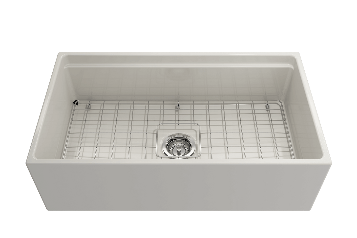 Front view of Biscuit BOCCHI CONTEMPO 33" Fireclay farmhouse sink showing chrome strainer and stainless steel bottom grid