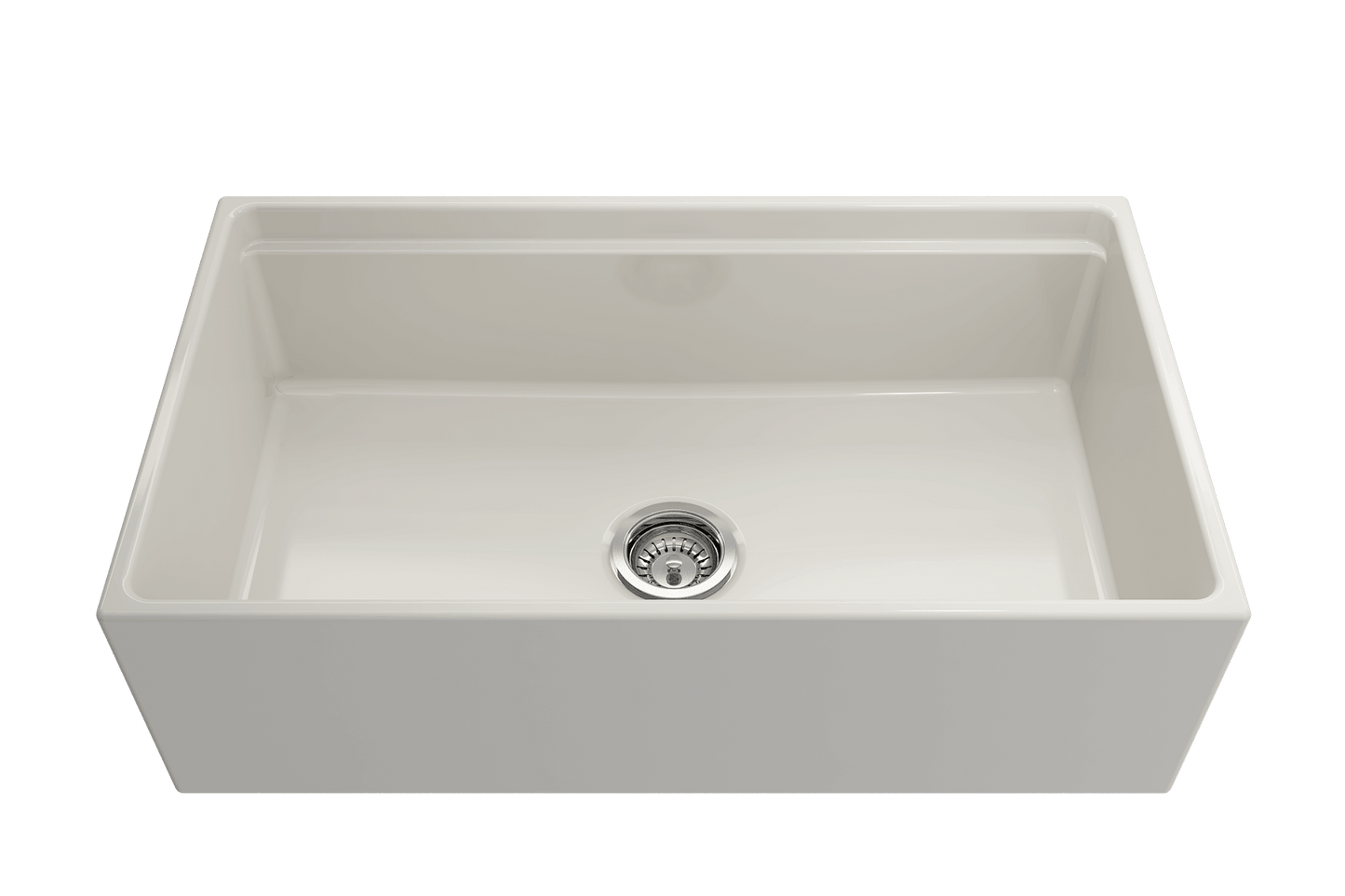 Front view of Biscuit BOCCHI CONTEMPO 33" Fireclay farmhouse sink showing chrome strainer.