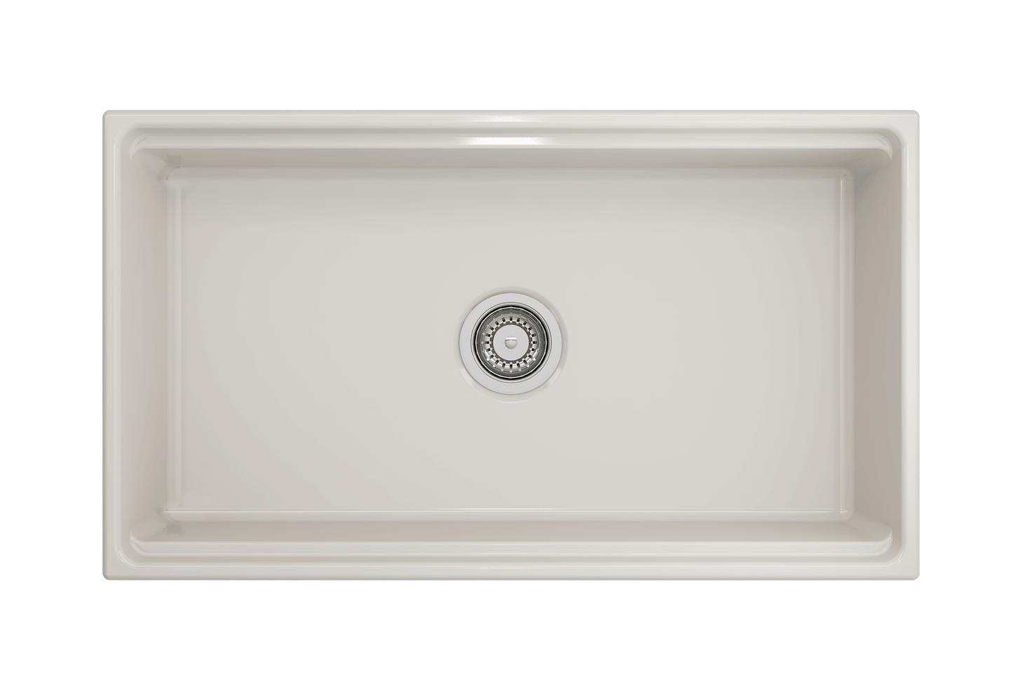 Top-down perspective of Biscuit BOCCHI Contempo 33 inch fireclay sink with workstation ledge, showing center drain placement.