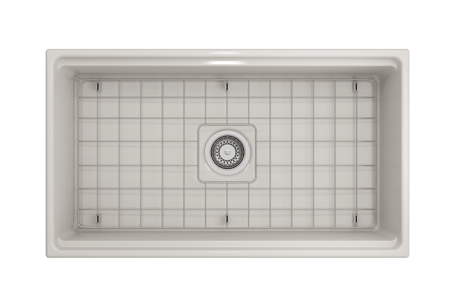 Top-down perspective of Biscuit BOCCHI Contempo 33 inch fireclay sink with workstation ledge and stainless steel bottom grid.