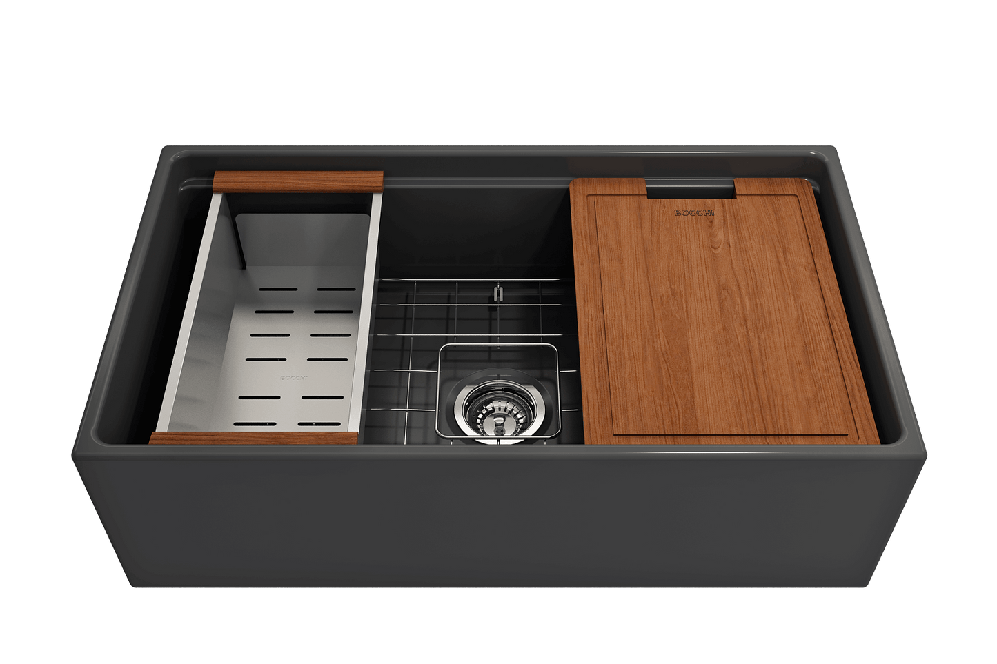 Front view of BOCCHI Contempo 33" matte dark gray fireclay sink with workstation ledge and accessories