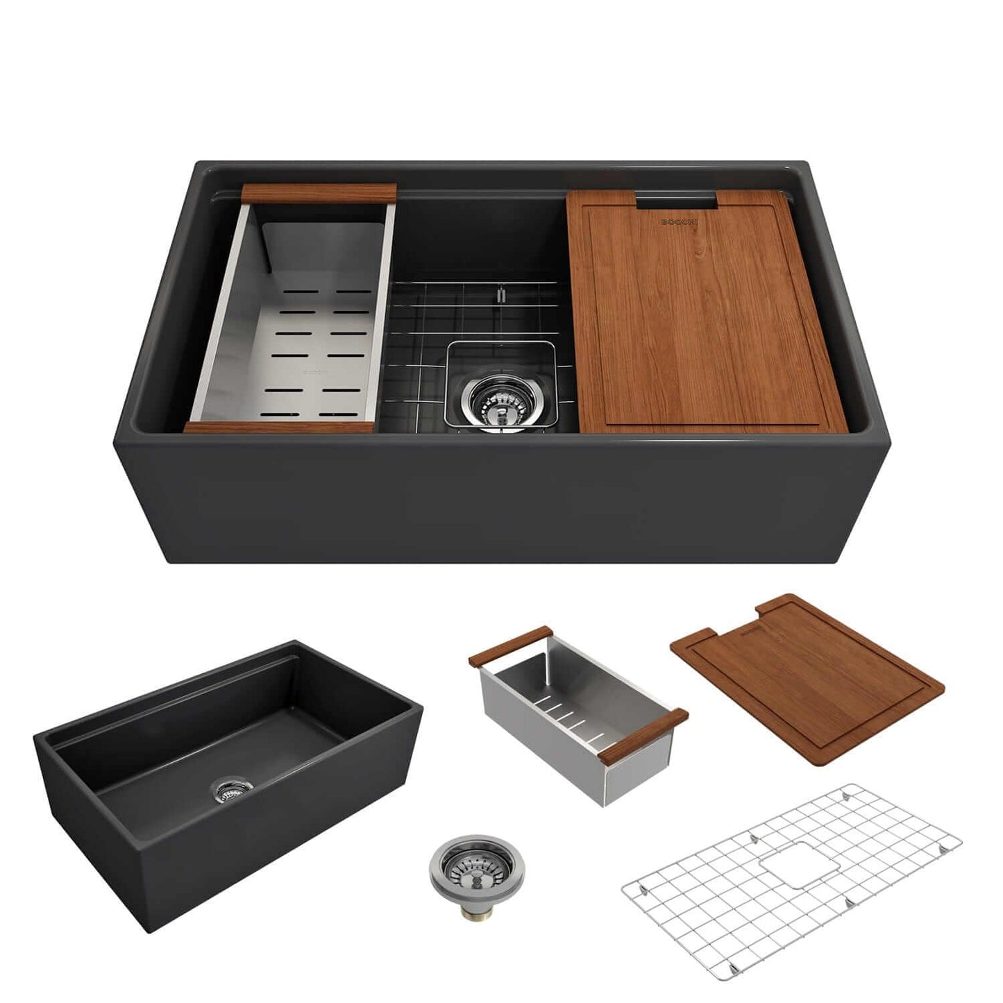 BOCCHI Contempo 33" Matte Dark Gray fireclay farmhouse sink with workstation ledge and accessories on a white background
