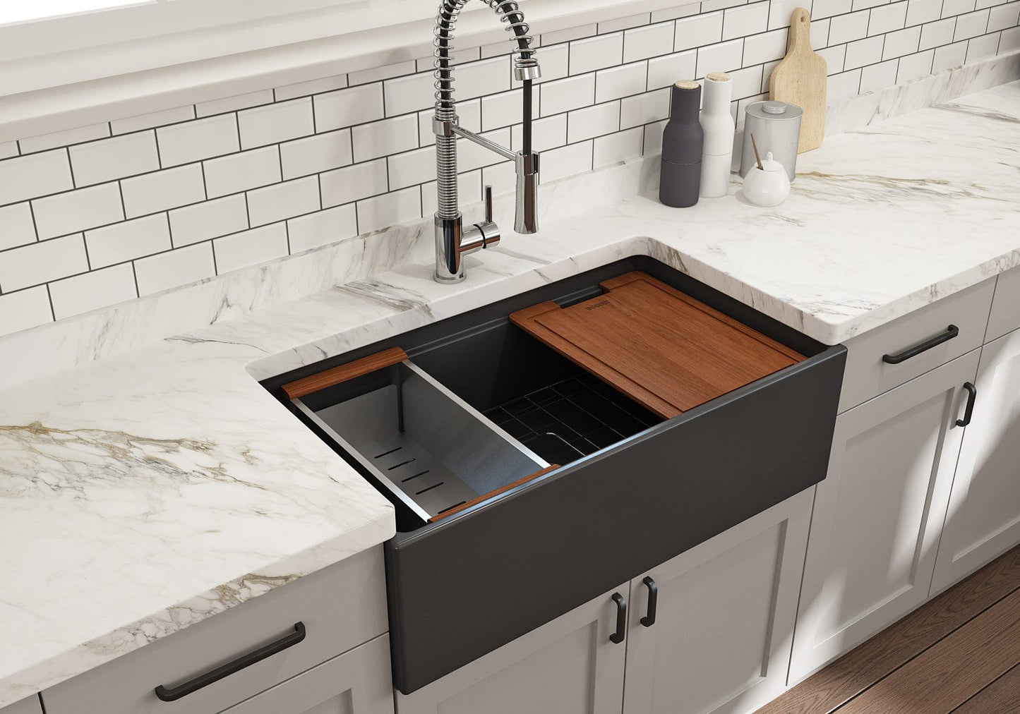BOCCHI CONTEMPO 33" Step Rim With Integrated Work Station Fireclay Farmhouse Single Bowl Kitchen Sink with Accessories - Matte Dark Gray