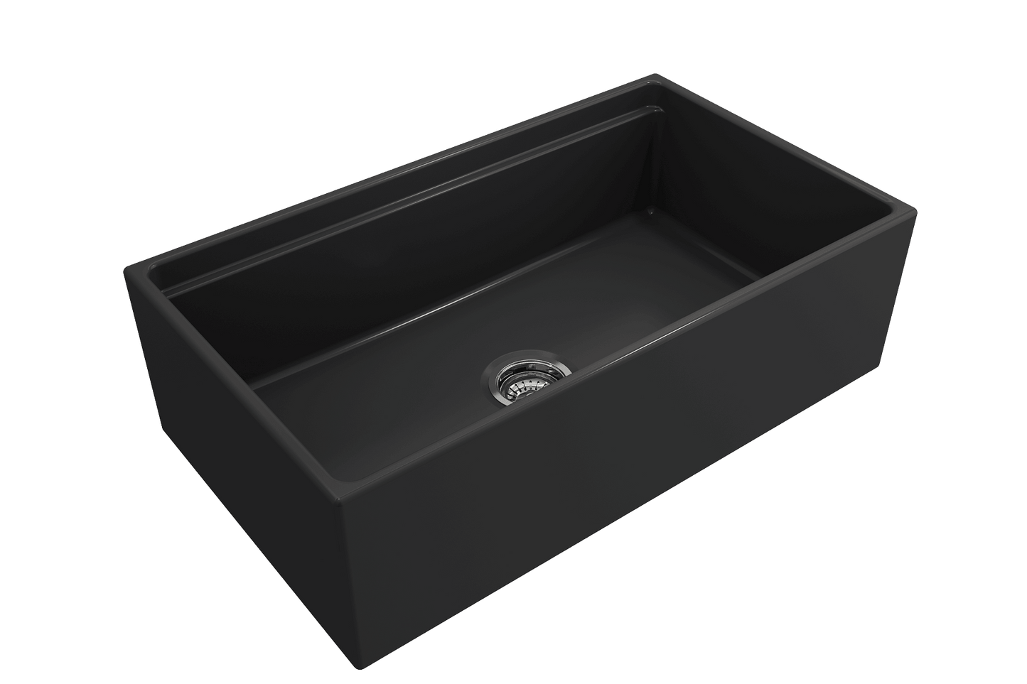 Side angle of matte dark gray BOCCHI CONTEMPO 33" Fireclay Farmhouse sink highlighting center drain and chrome strainer
